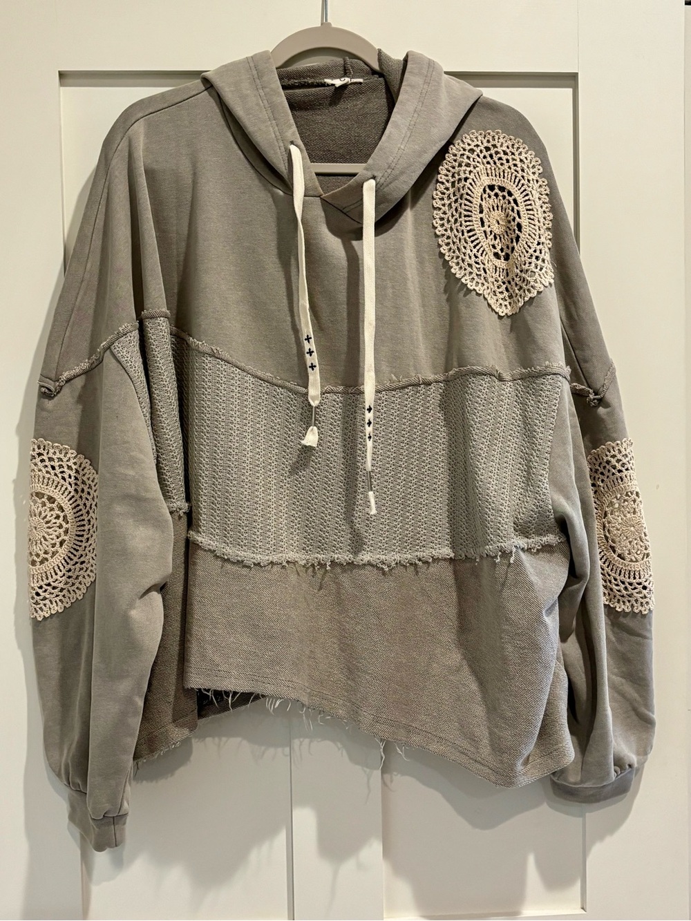 POL Gray Crochet Patch Hooded Women's Sweater